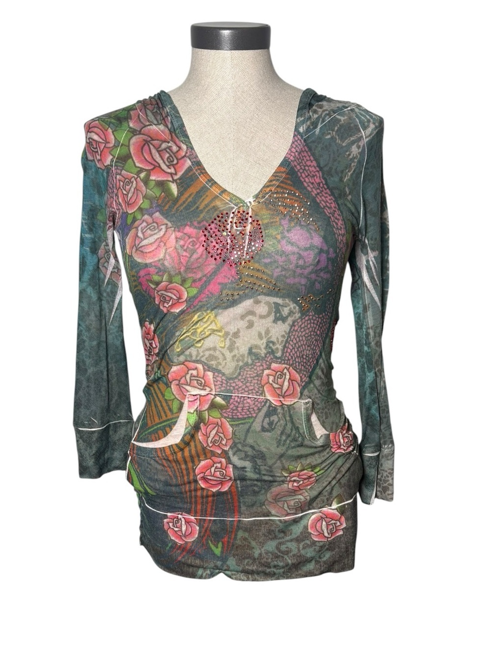 Guess Y2K Fairy Grunge Hooded Tunic Top Roses Rhinestone Small Tattoo Burn Out